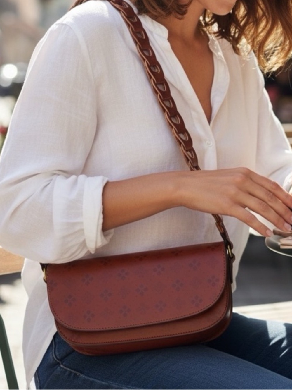 Patricia Nash Chelsea Chainlink Brown Leather Crossbody with Braided Strap